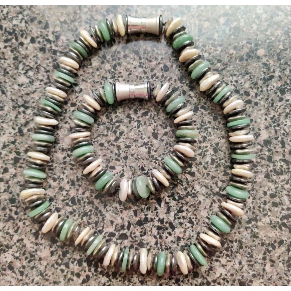 VTG Silver Hematite Jade Pearls Bead 18" Necklace 8" Bracelet Set Magnetic Clasp